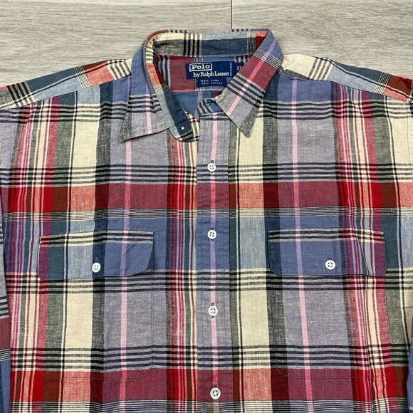 Polo Ralph Lauren Shirt Mens Extra Large Blue Red Linen Cotton Plaid Pockets - Picture 2 of 9